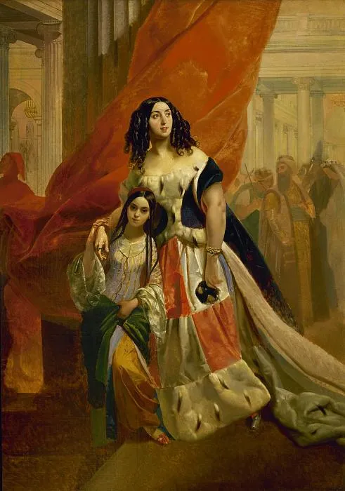 Portrait of Countess Yulia Samoilova, née Skavronskaya, Retiring from a Ball with her Foster Daughter Amazilia Pacini